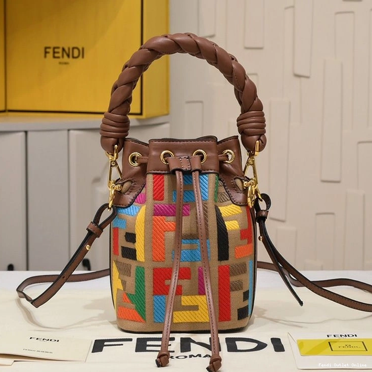 Affordable Brown Motif FF Mon In Tresor Canvas Bucket with Fendi Handle Mini Woven Bag 0815